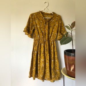 Mustard yellow floral ruffle dress